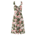 French Floral Printed Sexy Slim Fit Slimming Lace up Bow Suspenders Mid Length Dress