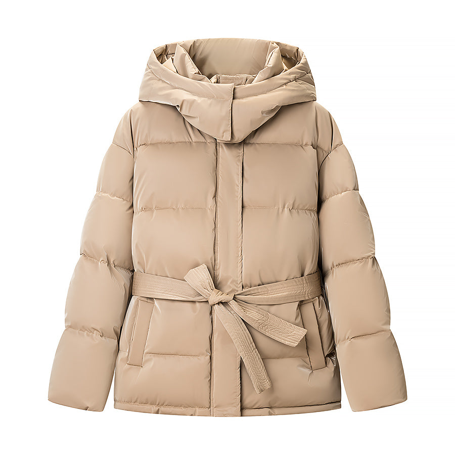 Spring Bright Surface Belt Cotton Padded Jacket All Matching Hooded Zipper Long Sleeve Coat