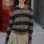 Spring Casual Simple Striped Design Polo Collar Knitwear Women