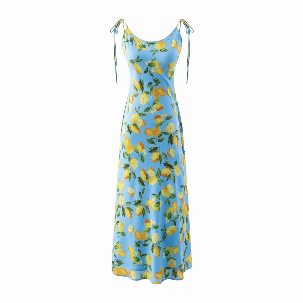 Spring Big U Neck Sweet Lemon Printing Chic Sleeveless Mid-Length Lace up Dress