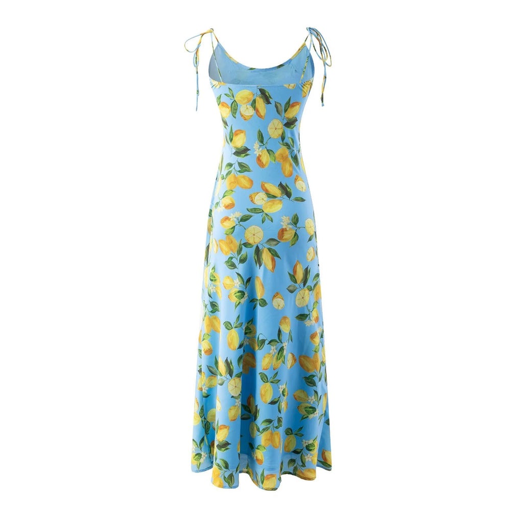 Spring Big U Neck Sweet Lemon Printing Chic Sleeveless Mid-Length Lace up Dress