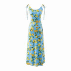 Spring Big U Neck Sweet Lemon Printing Chic Sleeveless Mid-Length Lace up Dress
