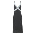 French Polka Dot Brace Maxi Dress Retro Sexy Slim V neck Lace Stitching Dress for Women Early Spring