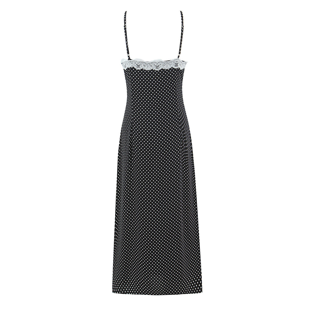 French Polka Dot Brace Maxi Dress Retro Sexy Slim V neck Lace Stitching Dress for Women Early Spring