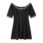 Retro off Shoulder Lace Stitching Wooden Ear Mid Sleeve Dress Single Breasted Lotus Leaf Dress