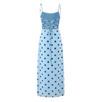 Gentle Elegant Pink Polka Dot Brace Dress Women Vintage Backless Lace up Design Tight Waist Maxi Dress