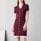 Women V Neck Fitted And Slimming Single Button Patchwork Short Sleeved Knitted Halter Neck Dress