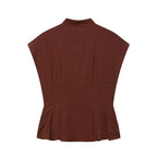 Spring Autumn Graceful Fashionable Women Sleeveless Turtleneck Short Hem Pleated Top