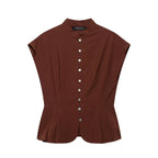 Spring Autumn Graceful Fashionable Women Sleeveless Turtleneck Short Hem Pleated Top