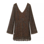 Women Slimming Slip Dress Two Piece V neck Long Sleeve Embroidered Sequ Dress