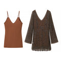 Women Slimming Slip Dress Two Piece V neck Long Sleeve Embroidered Sequ Dress