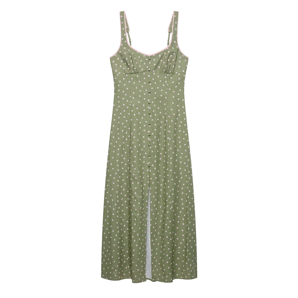 Women Clothing Summer Polka Dot Linen Blended Midi Dress Strap Dress