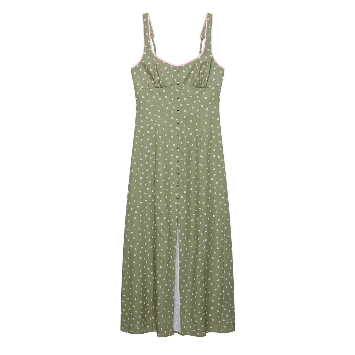 Women Clothing Summer Polka Dot Linen Blended Midi Dress Strap Dress