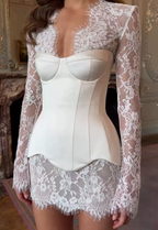 Women Clothing Summer Arrival French Lace See Through Short Dress Satin Boning Corset Set Evening Gown