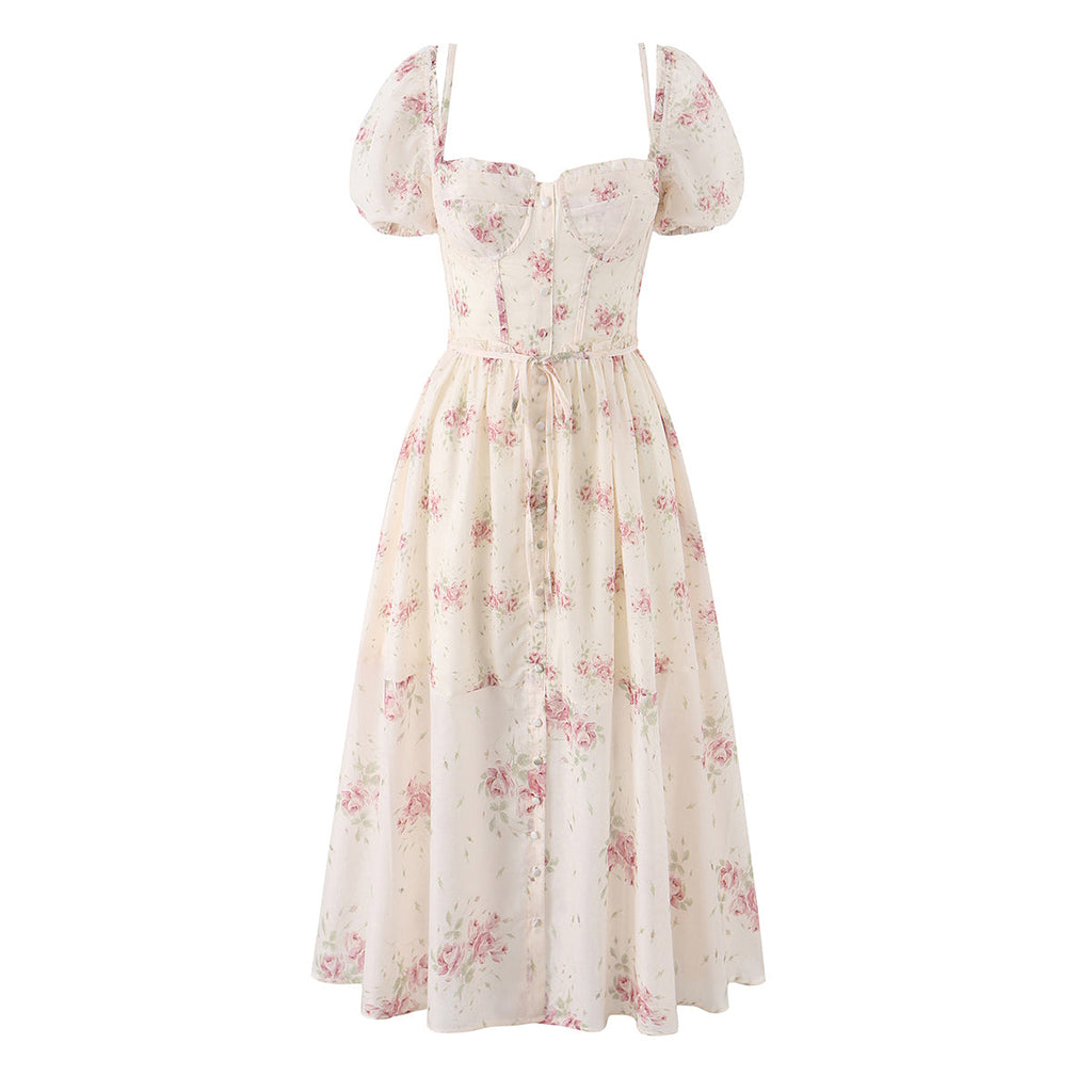 Sweet Romantic Vacation Printed Maxi Dress Puff Sleeve Waist Dress