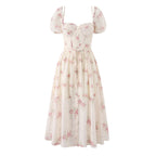 Sweet Romantic Vacation Printed Maxi Dress Puff Sleeve Waist Dress