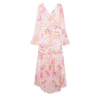 Summer Women Sexy Slim Printed Long Sleeve V neck Flounce Maxi Dress
