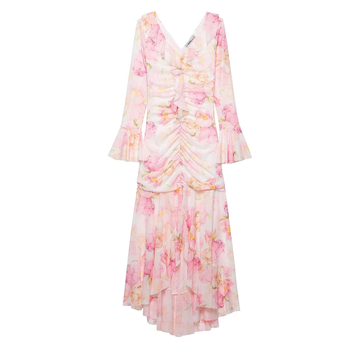 Summer Women Sexy Slim Printed Long Sleeve V neck Flounce Maxi Dress
