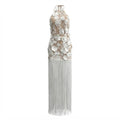 Elegant Embroidered Three Dimensional Floral Mesh Tassel Backless Halter Formal Dress