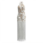 Elegant Embroidered Three Dimensional Floral Mesh Tassel Backless Halter Formal Dress
