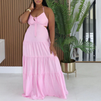 Solid Color Linen Sexy Backless Dress Strap Stitching Rope Dress