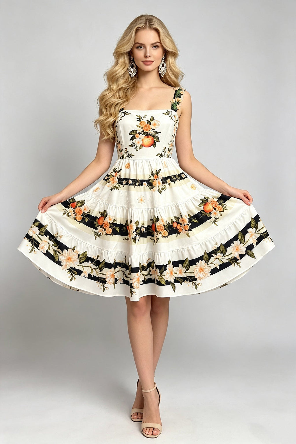 Women Summer Printed Halter Neck Embroidered Flower Dress With High Waisted And Figure Hugging A Line Dress