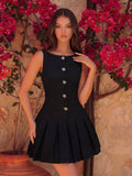 Sleeveless Black Dress Slim Waist Diamond Decorations Breasted Pleated Short Dress