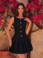Sleeveless Black Dress Slim Waist Diamond Decorations Breasted Pleated Short Dress