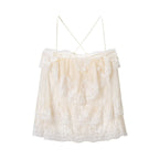 French Romantic Lace Strap Dress Layered Ruffled Backless Lace up Short Dress