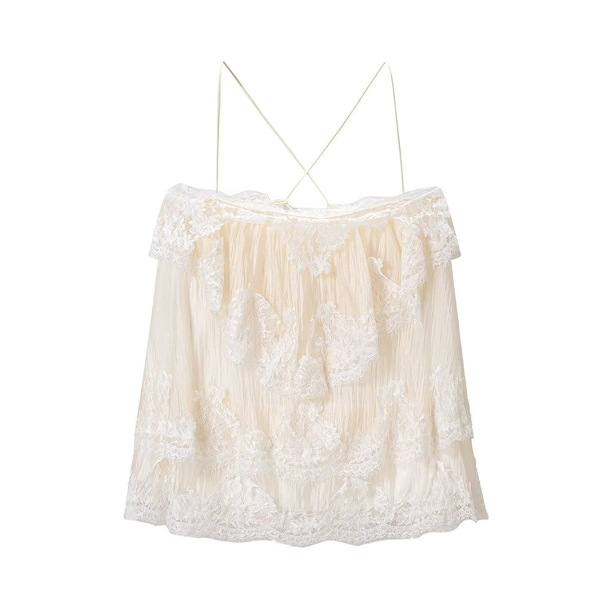 French Romantic Lace Strap Dress Layered Ruffled Backless Lace up Short Dress