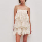 French Romantic Lace Strap Dress Layered Ruffled Backless Lace up Short Dress