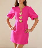 Autumn V neck Slimming Heavy Industry Button Gold Feeling Puff Sleeve Dress