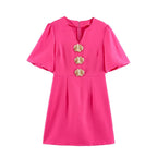Autumn V neck Slimming Heavy Industry Button Gold Feeling Puff Sleeve Dress