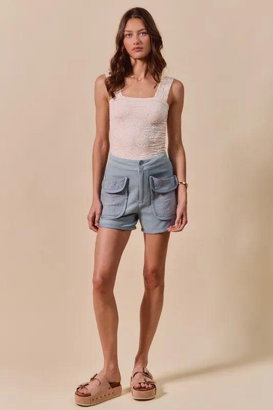 SO ME Mineral Washed Terry High Rise Cargo Shorts
