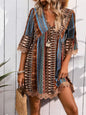 Lace Trim Printed V-Neck 3/4 Sleeve Dress
