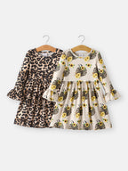Fall Pumpkin Leopard Print Autumn Girls Ruffle Two-Piece Dress