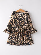 Fall Pumpkin Leopard Print Autumn Girls Ruffle Two-Piece Dress