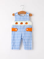 Fall Thanksgiving& Halloween Blue Pumpkin Smock Embroidery Baby Boy Romper