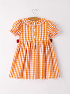 Fall Turkey Embroidered Dress for Girls – Orange Checkered with Thanksgiving Details