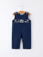 Christmas Navy Blue Nativity Smocking Embroidered Baby Boy Romper
