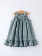 Girls Denim Ruffle Trim A-Line Dress