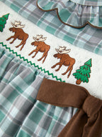 Plaid Moose Smocked Girls Puff Sleeve Dress