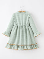 Fall Plaid Girls Dress Pumpkin Applique Ruffle Button Dress