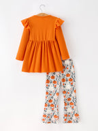 Fall Halloween Pumpkin Ghost Print Girls Long Sleeve Set