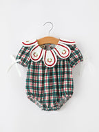 Baby Girl Christmas Plaid Wreath Embroidery Bubble Romper