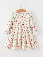 Girls Christmas Bow & Berry Print Twirl Dress