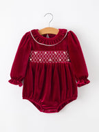 Christmas Velvet Smocked Baby Bubble Romper with Pearl Detail