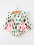 Christmas Tree Print Ruffle Bow Baby Girl Bubble Romper