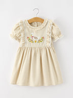 Girls Goose Embroidered Beige Plaid Ruffle Dress