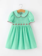 Christmas Girls Green Plaid Smocked Bow Peter Pan Collar Dress